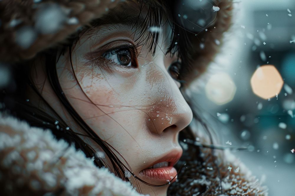 Snow falling photography female crying.