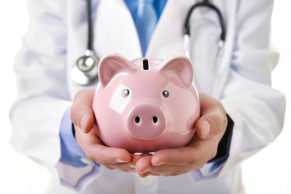 Doctor holding piggy bank stethoscope investment expertise.