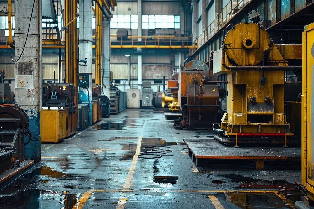 Factory scene with machinery transportation manufacturing architecture.