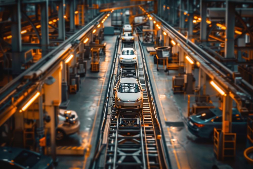 Factory with cars on conveyors transportation manufacturing architecture.