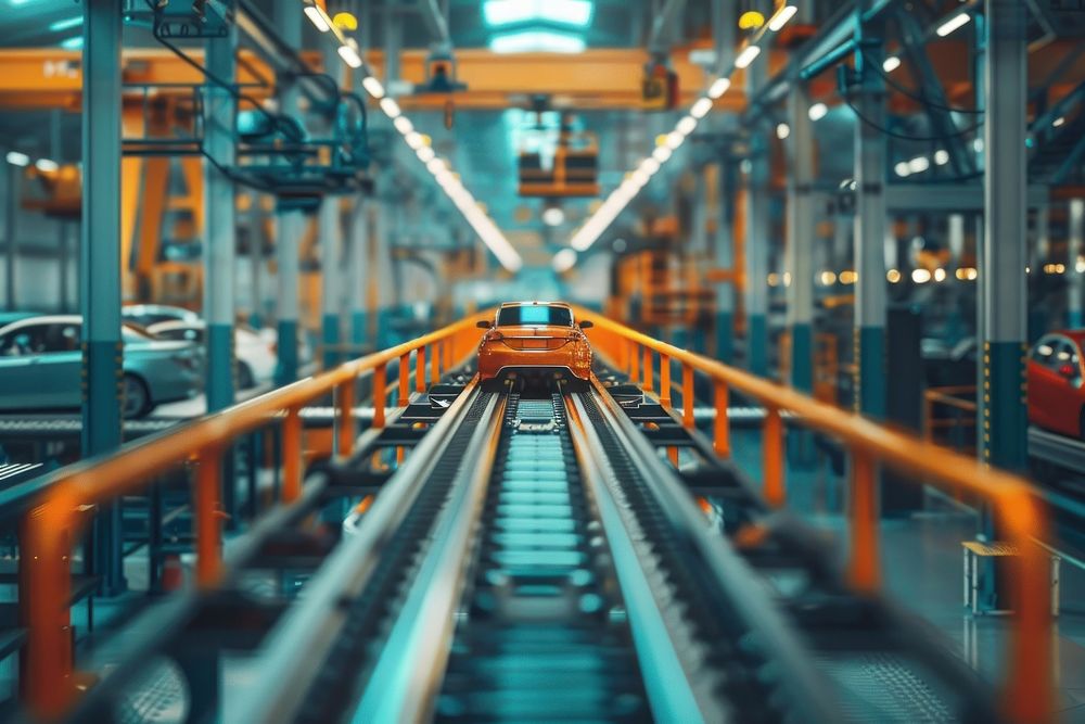 Factory with cars on conveyors transportation manufacturing architecture.