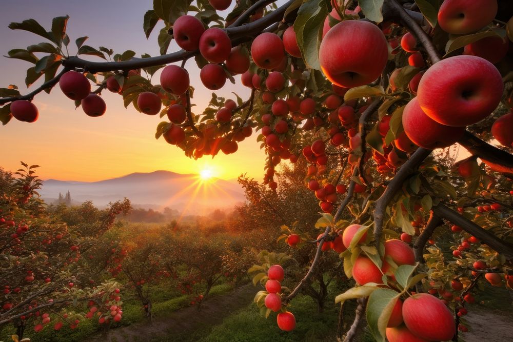 Fresh organic apple farming sunrise sky vegetation.