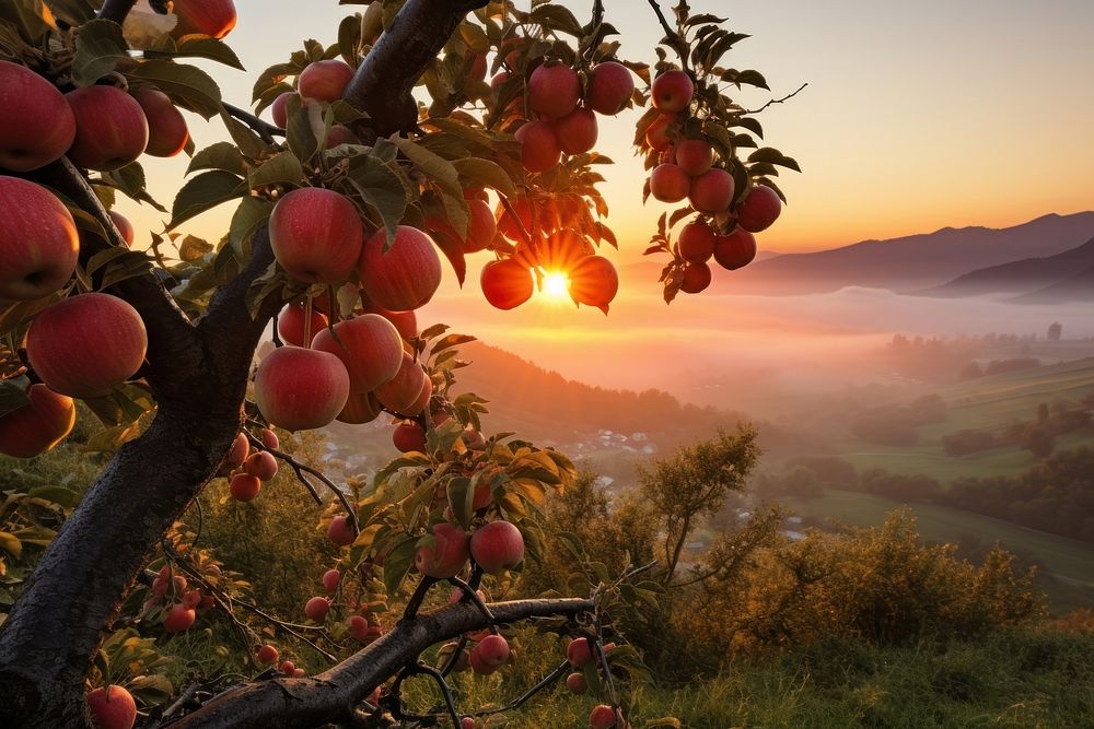 Fresh organic apple farming sunrise sky countryside.