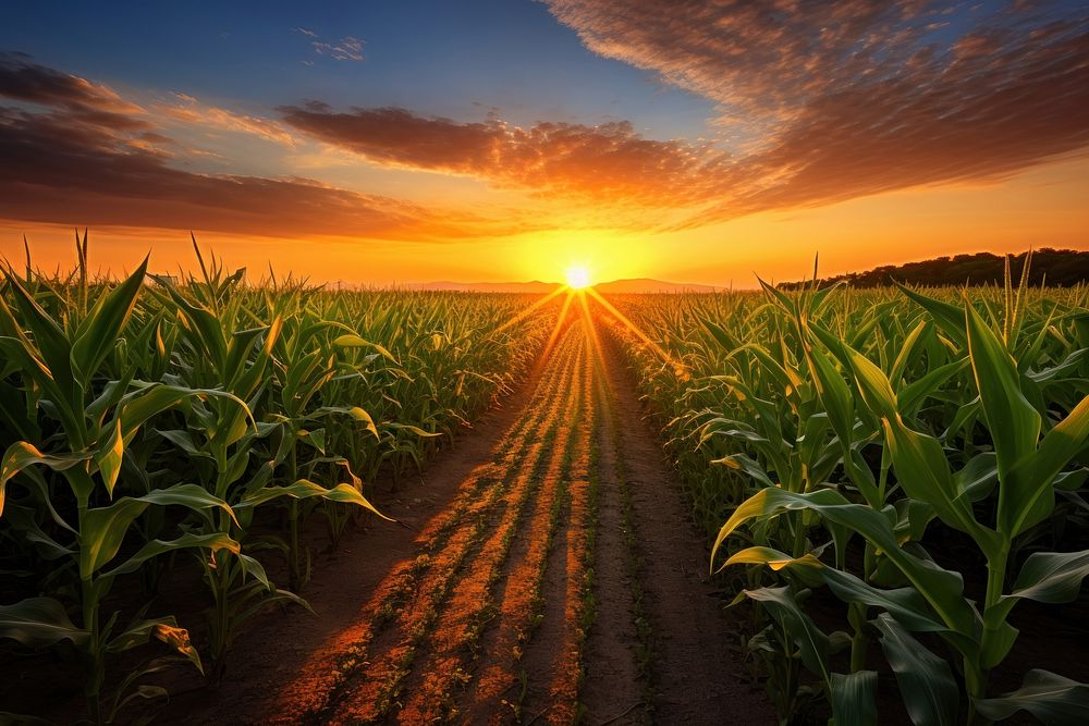 Fresh organic corn farming sunrise sky agriculture.