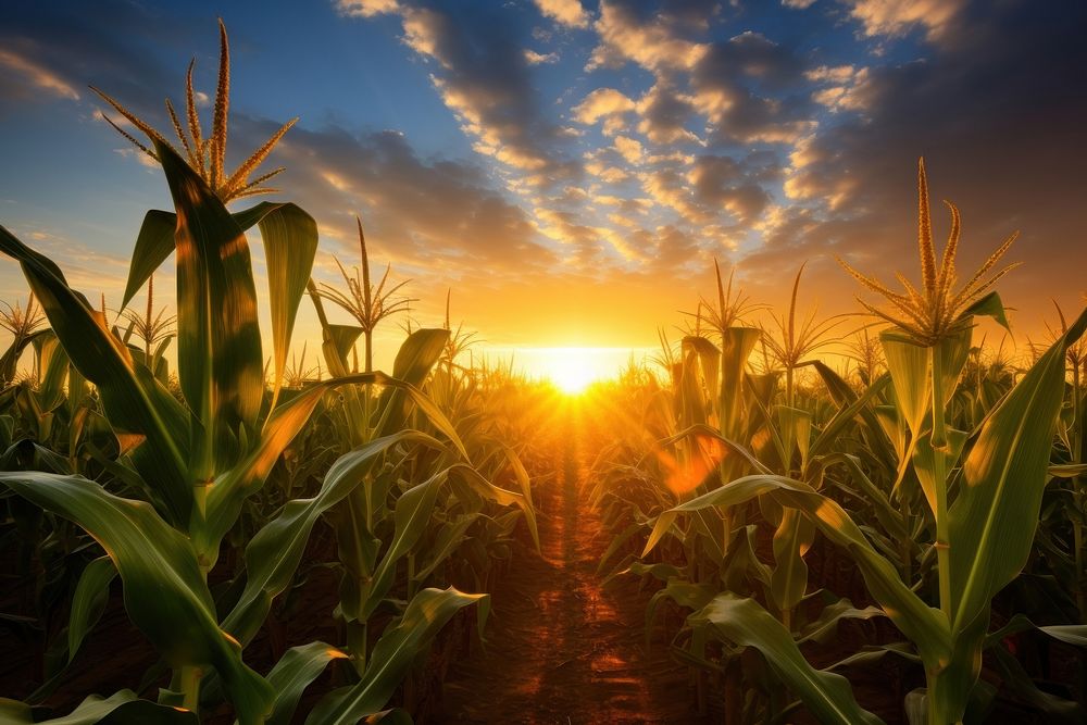 Fresh organic corn farming sunrise sky agriculture.