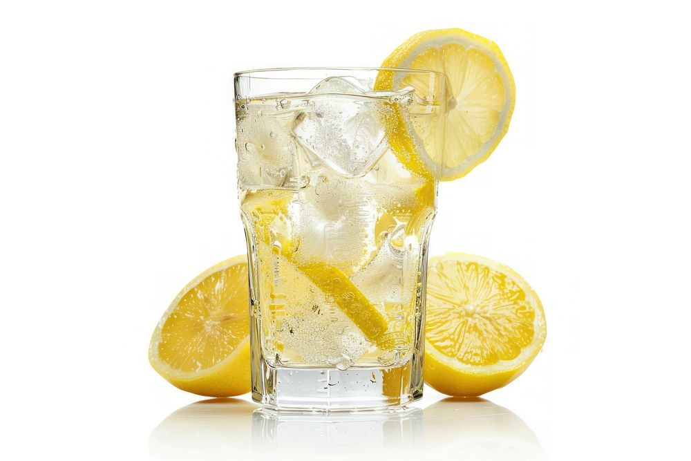 Glass of ice lemonade fruit drink plant.