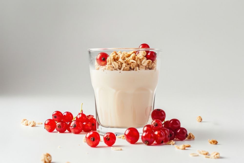 Granola served with soy milk and red currants granola beverage produce.
