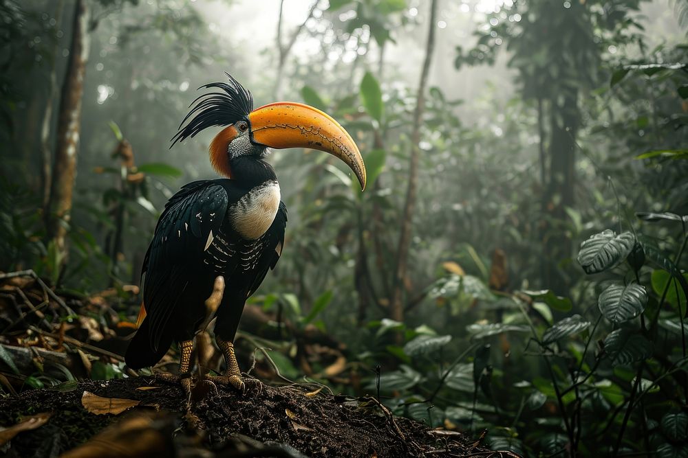 Great hornbill stand on soil ground in the jungle vegetation rainforest outdoors.