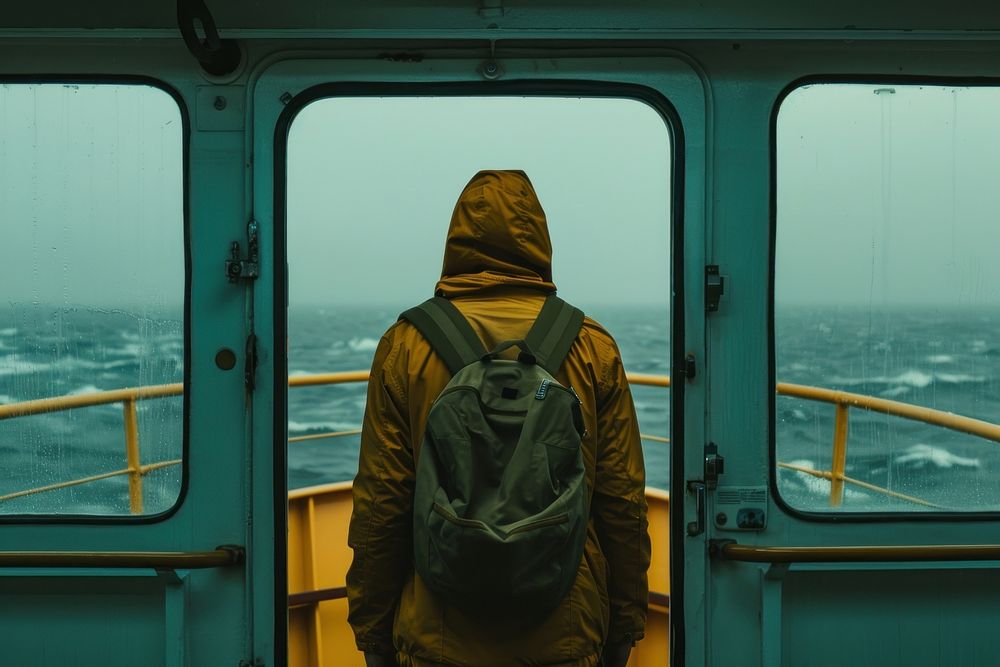 Guy traveling aboard clothing backpack raincoat.
