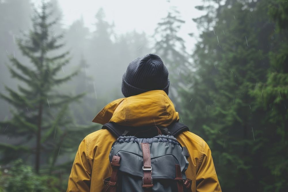 Guy traveling explorer backpacking clothing raincoat.