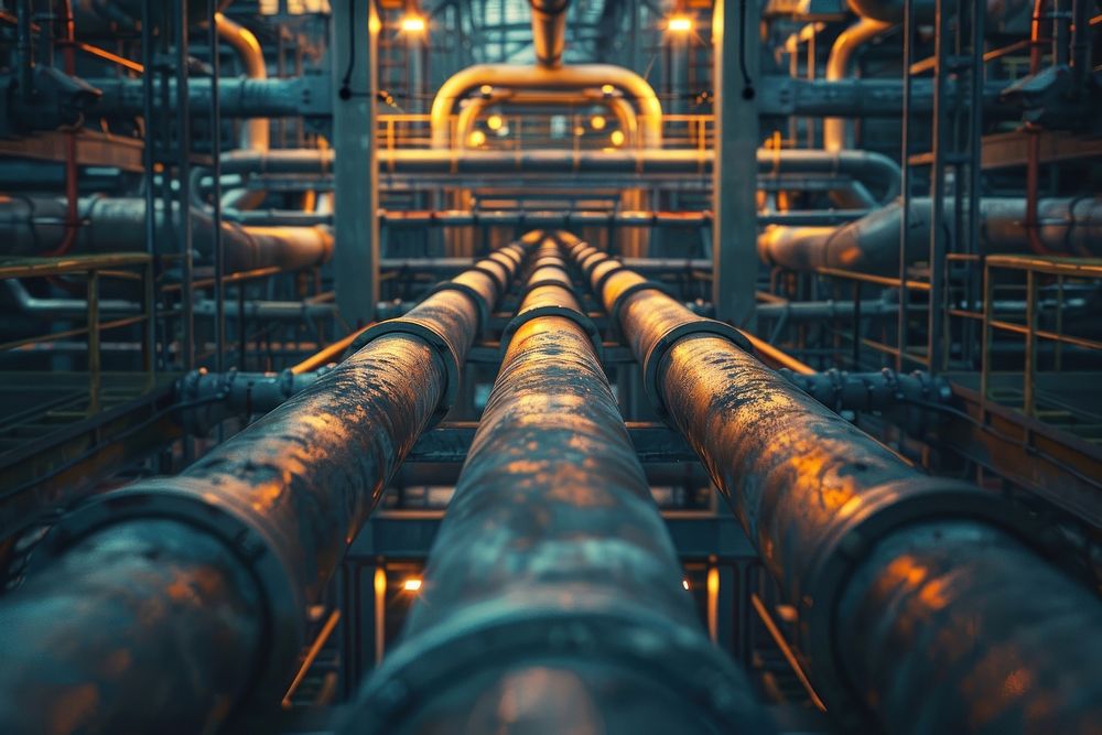 Industrial pipes of oil refinery plant architecture building pipeline.