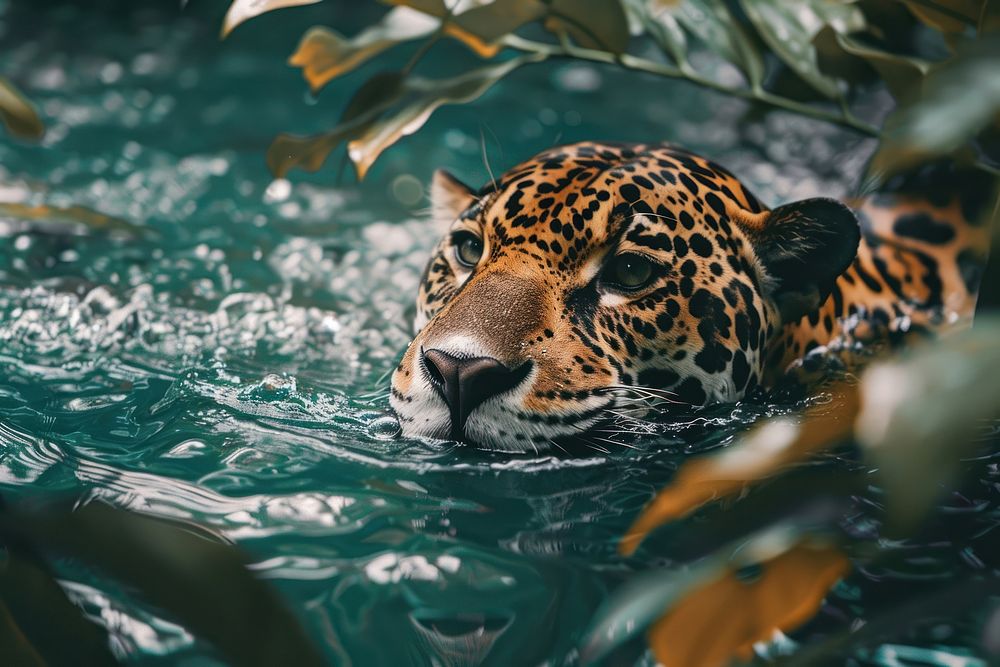 Jaguar swimming in jungle jaguar wildlife panther.