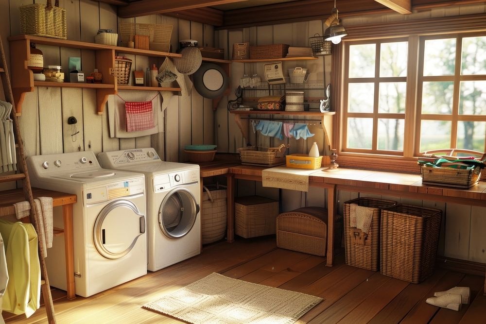 Laundry room appliance hardwood indoors.