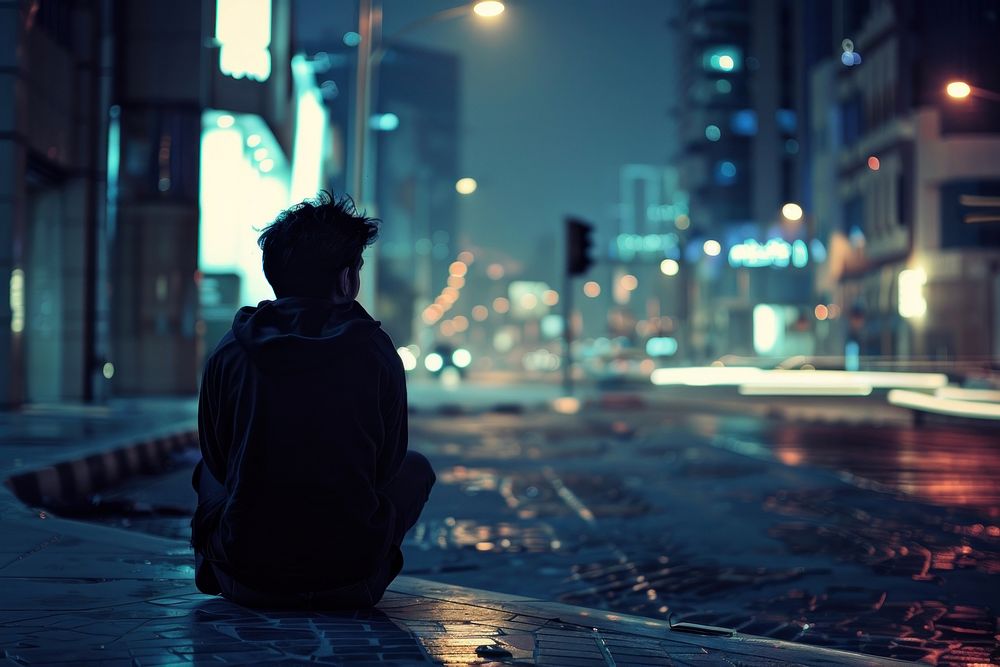 Lonely young Dubai man in the street Dubai photography lighting outdoors.