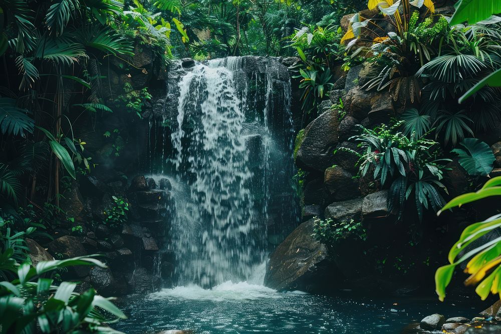Mystery waterfall in jungle rainforest vegetation outdoors.