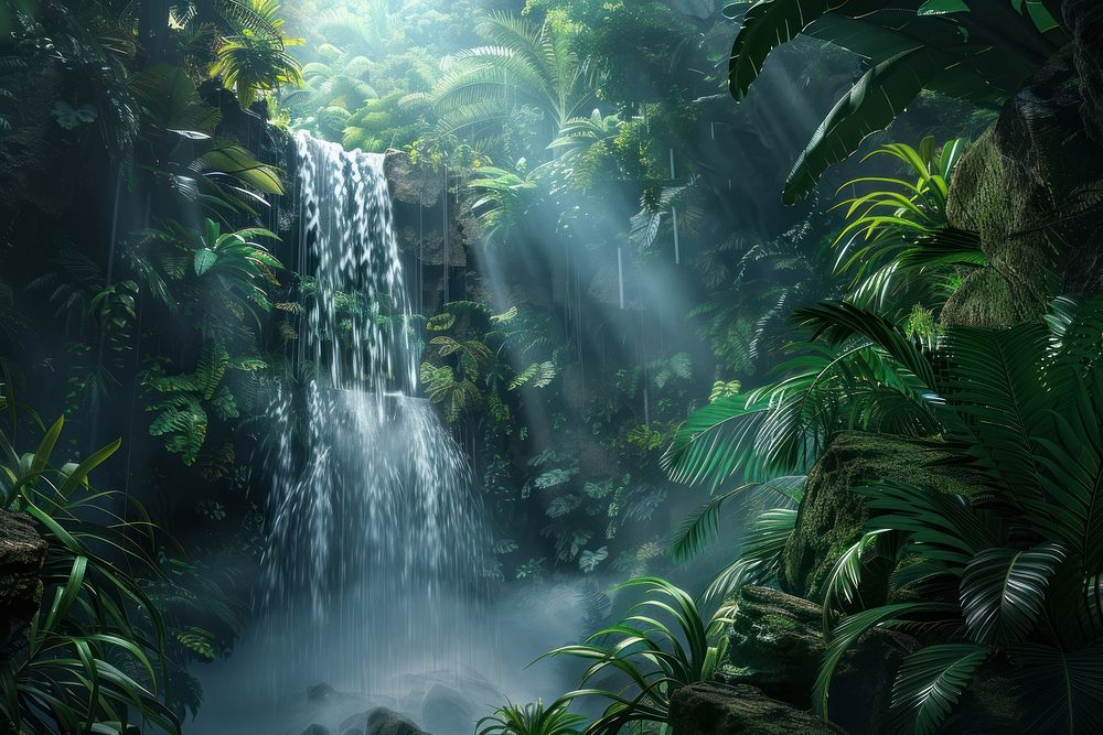 Mystery waterfall in jungle rainforest vegetation outdoors.