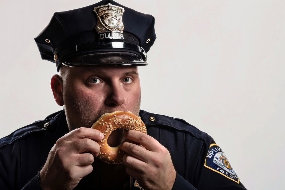 Policeman eating bagel officer person adult.
