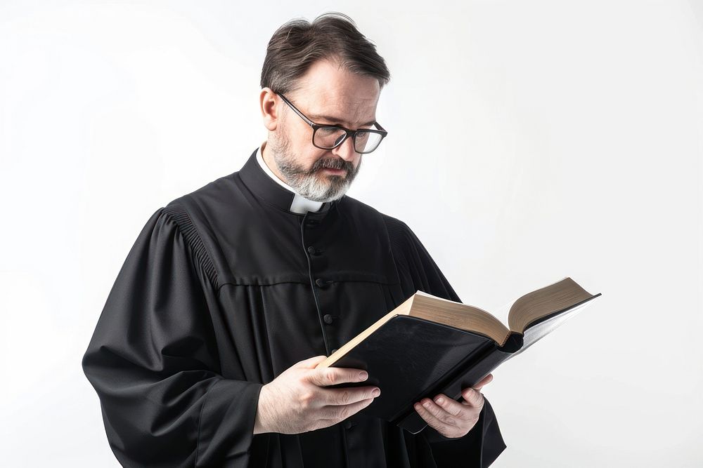 Priest reading bible publication person human.