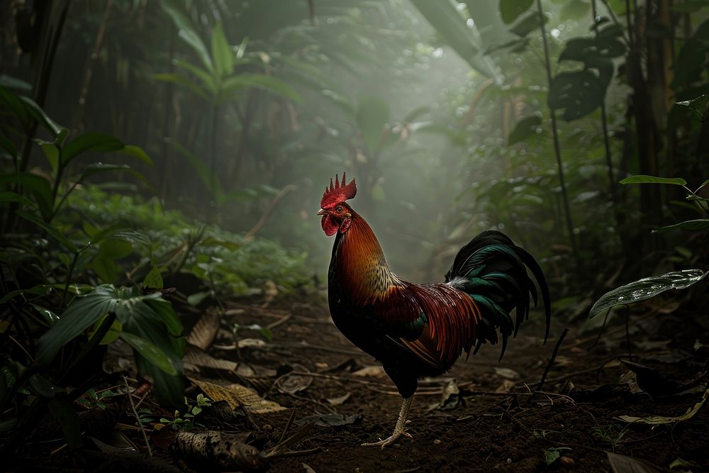 Red junglefowl stand on soil ground in the jungle vegetation rainforest outdoors.