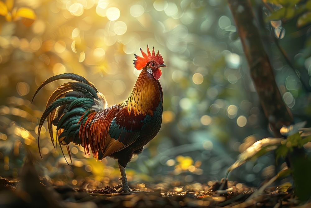 Red junglefowl stand on soil ground in the jungle chicken poultry rooster.
