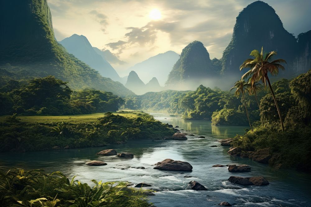 River and jungle and mountain landscape vegetation rainforest.