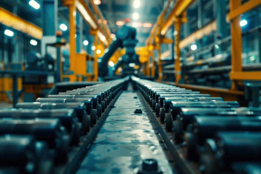 Robotic arm and steel conveyor in assembly manufacturing factory architecture building workshop.