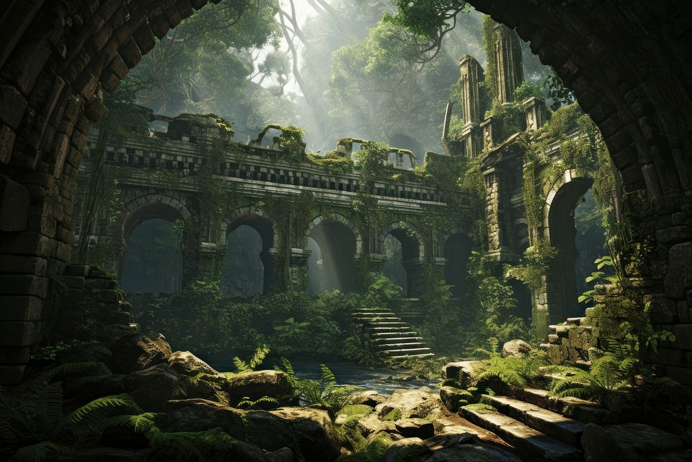 Jungle ruins architecture vegetation.