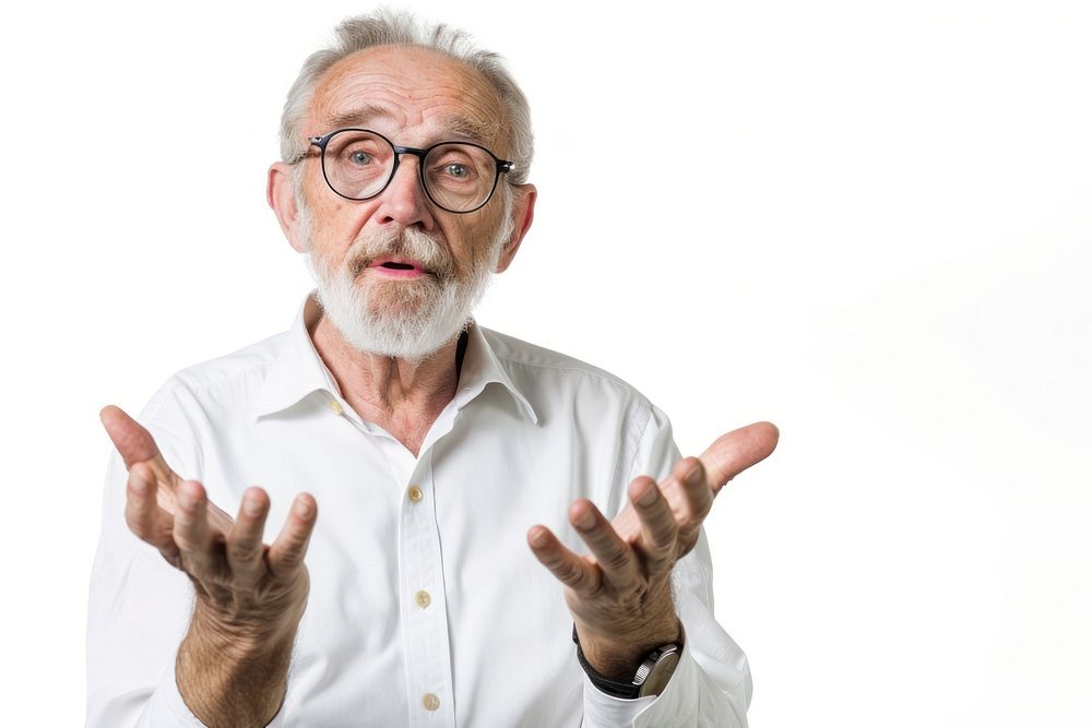 Senior man discussing portrait glasses finger.