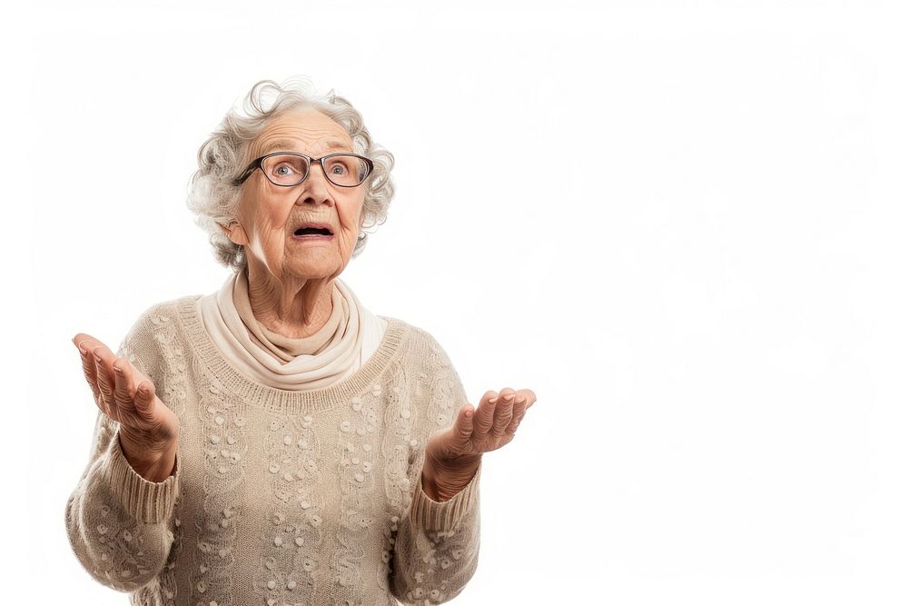 Senior woman discussing sweater adult white background.