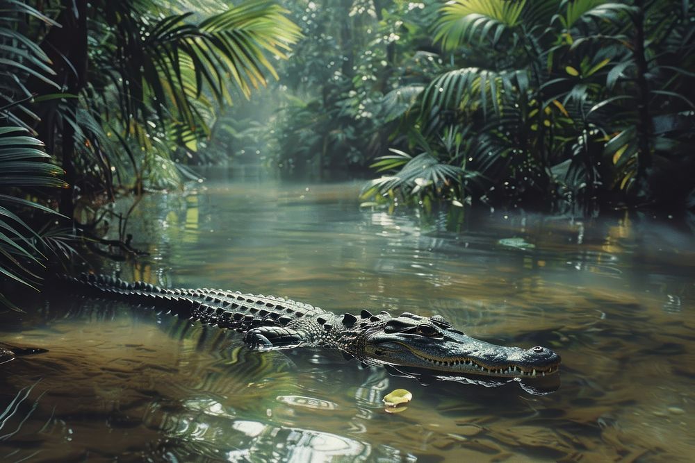 Siamese crocodile swimming in jungle rainforest vegetation alligator.