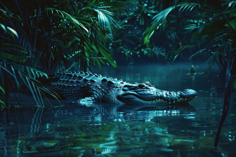 Siamese crocodile swimming in jungle vegetation rainforest alligator.