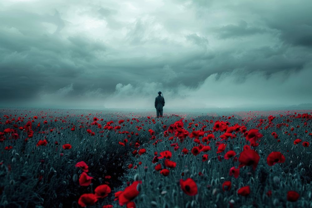 Of soldier stand on poppy field photo photography landscape.
