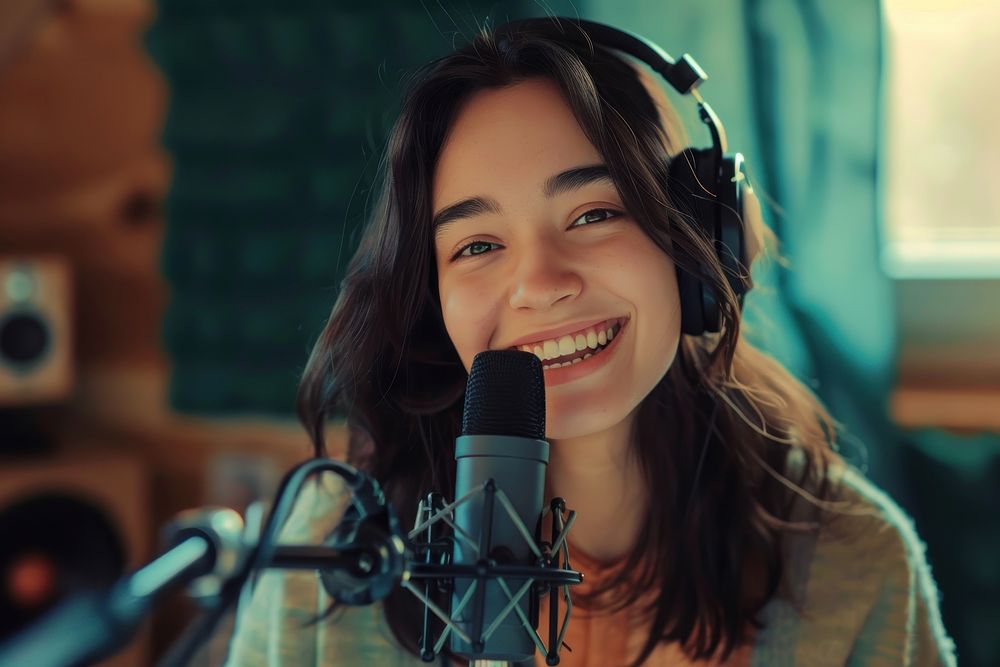 Smiling young woman recording podcast microphone performer laughing.