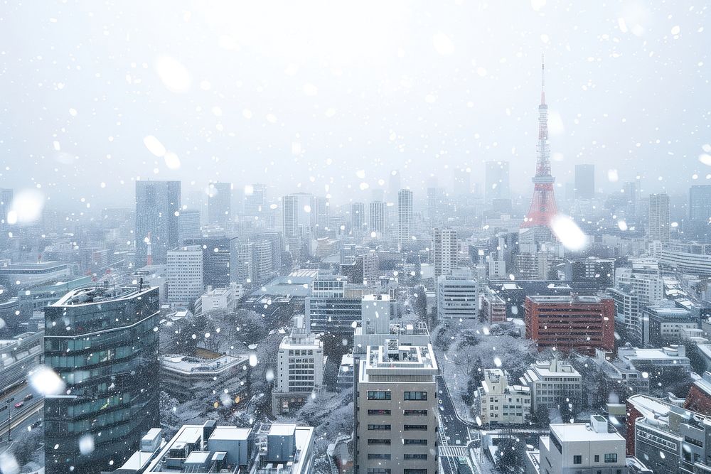Snow falling in tokyo japan cityscape transportation architecture.