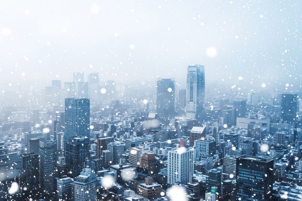 Snow falling in tokyo japan cityscape architecture metropolis.