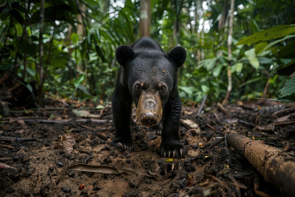 Sun Bear stand on soil ground in the jungle bear rainforest vegetation.