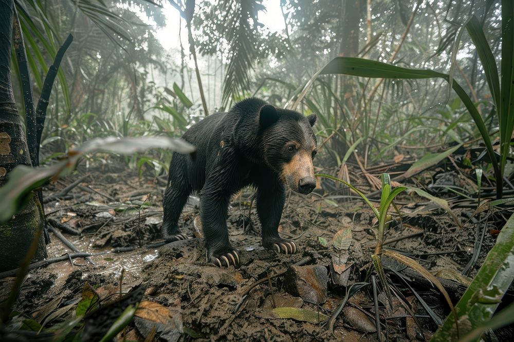 Sun Bear stand on soil ground in the jungle bear vegetation rainforest.