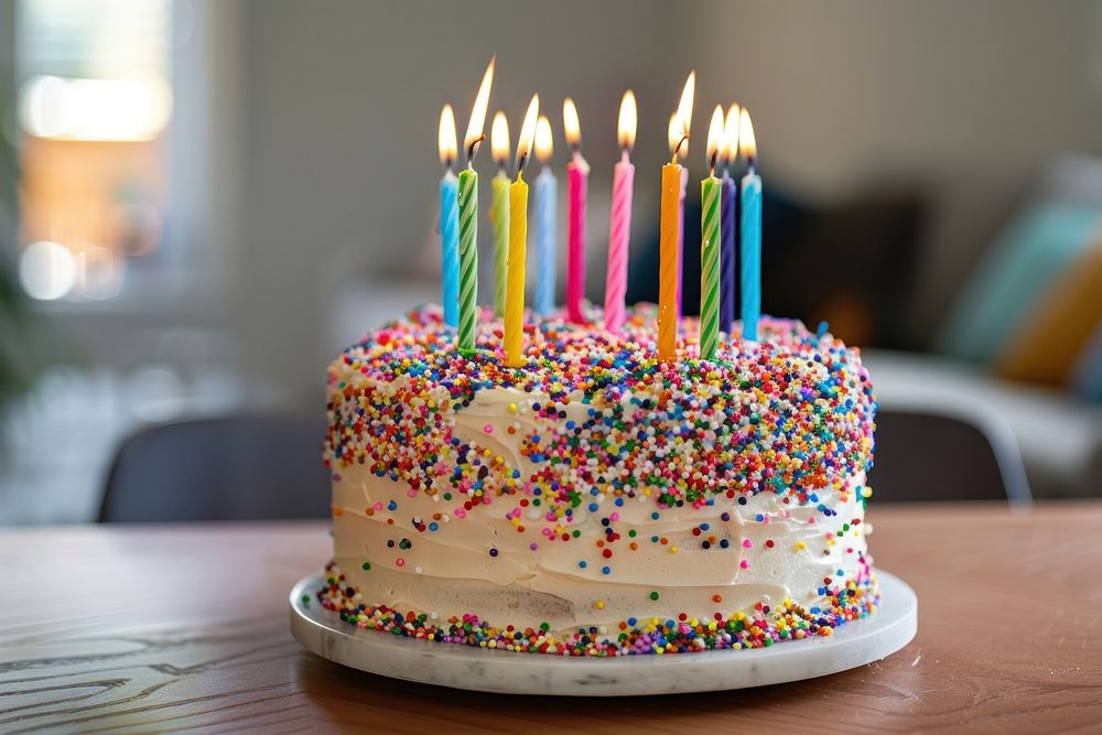 Colorful sprinkles and twenty one colorful birthday candles Celebration birthday cake celebration dessert.
