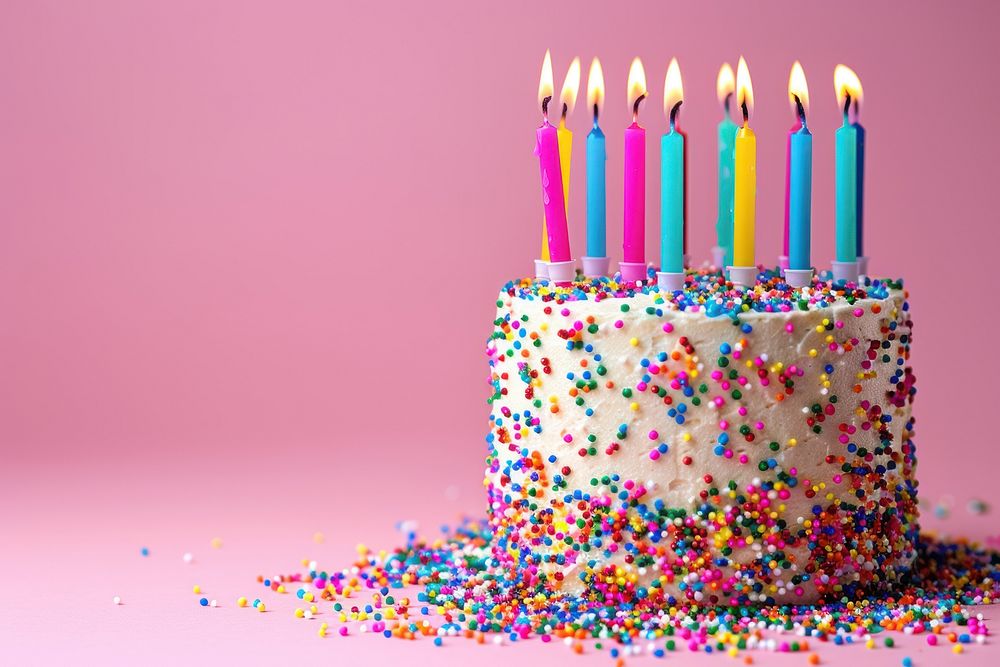 Colorful sprinkles and twenty one colorful birthday candles Celebration birthday cake celebration dessert.