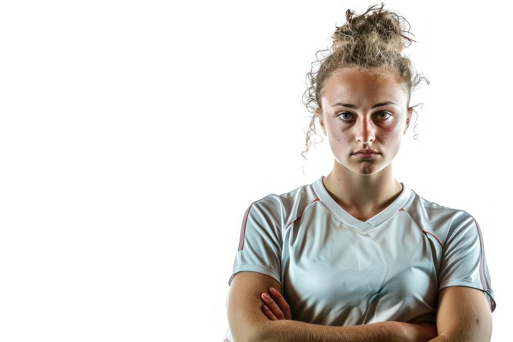 Portrait of young female soccer player with soccer ball standing portrait photography white.