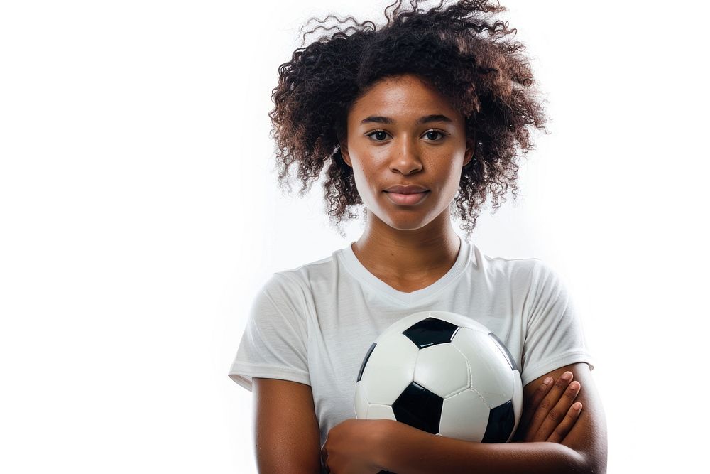 Portrait of young female soccer player with soccer ball standing football portrait sports.