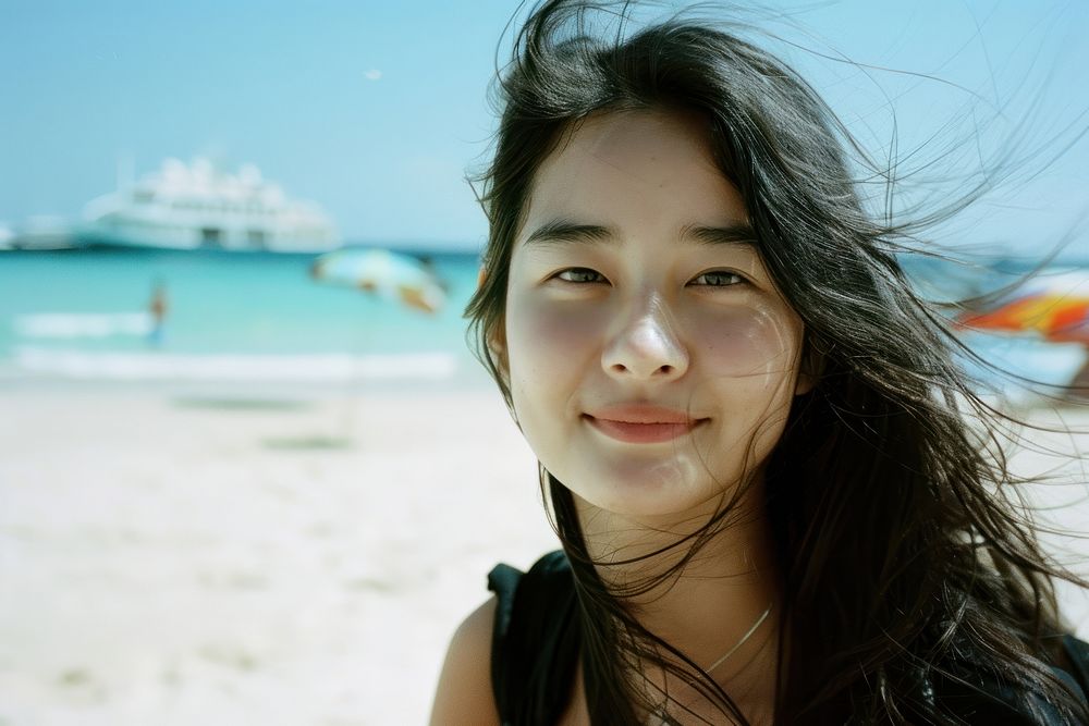 Portrait of beautiful young woman beach transportation photography.