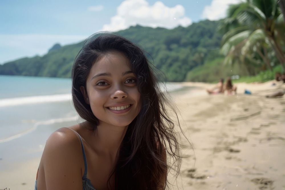 Portrait of beautiful young woman beach photography vegetation.