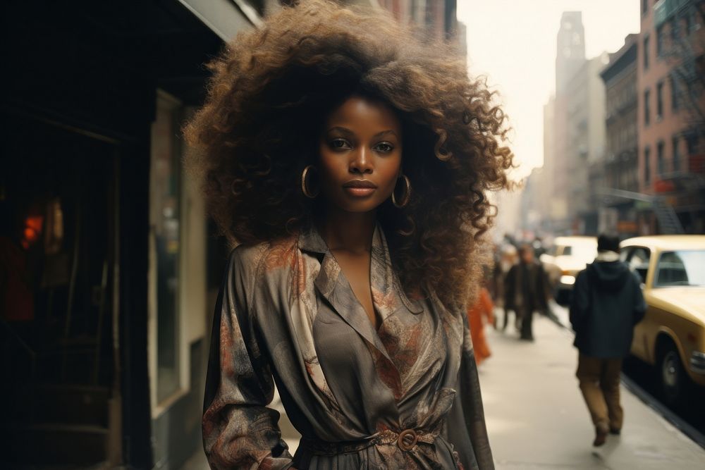 A black woman portrait standing at street photo transportation photography.