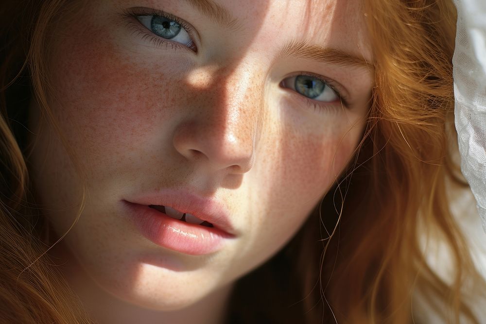 A woman portrait photography freckle person.