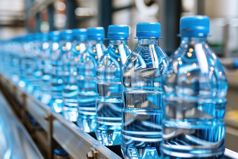 Row of mineral water bottles on conveyor belt manufacturing architecture beverage.