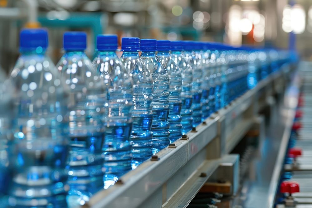 Row of mineral water bottles on conveyor belt manufacturing architecture building.