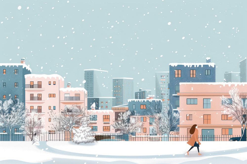 Snow falling in city flat illustration neighborhood outdoors walking.
