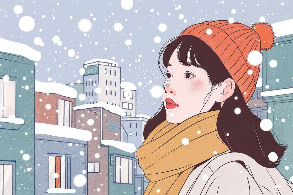 Snow falling in city flat illustration outdoors female person.
