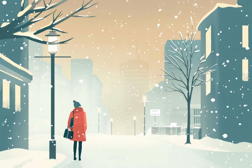 Snow falling in city flat illustration furniture clothing outdoors.